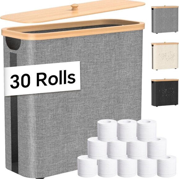 Toilet Paper Storage w/Bamboo Lid, 33.8L Foldable Toilet Paper Basket Organizer - Picture 1 of 7